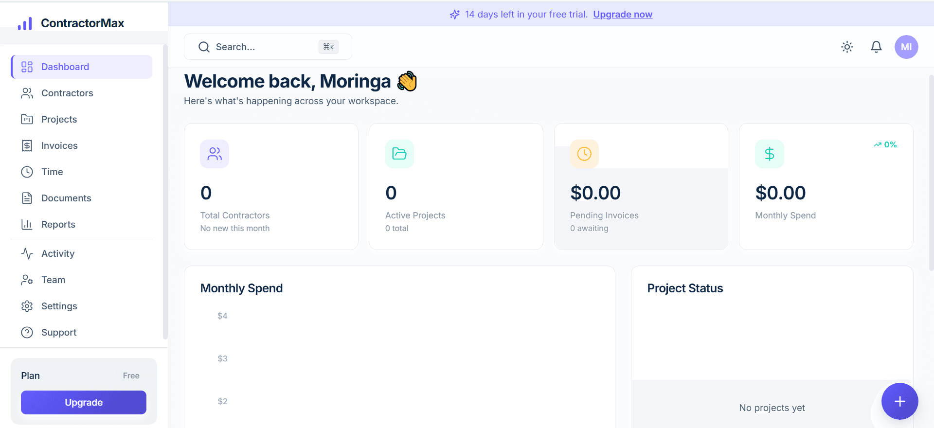 ContractorMax dashboard showing contractors, active projects, pending invoices and monthly spend